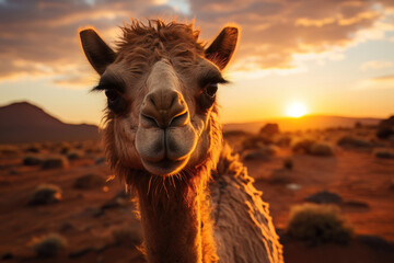 Obraz premium Portrait of a camel in the desert at sunset. Camel face close up