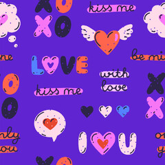 Colorful vector seamless pattern of hearts, speech bubbles, quotes on purple background. Love and passion. Valentine's Day. Hand drawn style. Print for fabrics, wallpaper, wrapping paper, gift bags