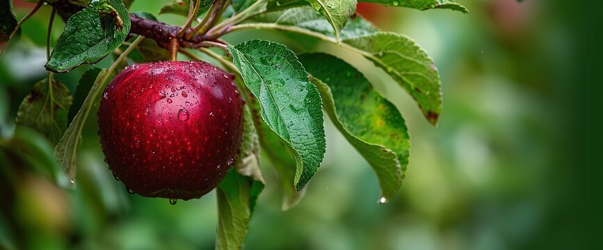 New Beginning: A dew-kissed red apple hanging from a lush green branch symbolizes natural beauty and nourishment