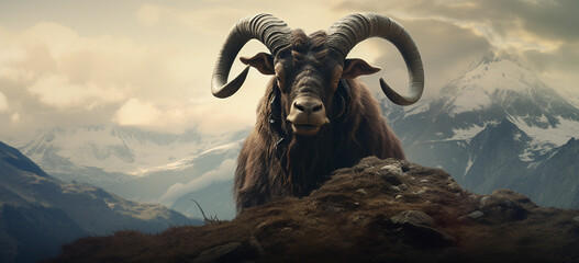 A bull with horns spiraled like ancient symbols, its hooves barely touching the ground, levitates above a mountaintop, its form radiating mystical energy - obrazy, fototapety, plakaty