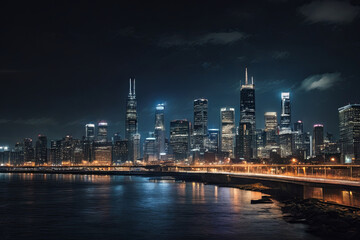 Obraz premium Cityscape aglow. A stunning night skyline, capturing the vibrant lights and urban charm. Ideal for city-themed and nocturnal visuals.