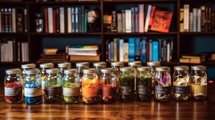A collection of different teas displayed in glass jars against a backdrop of magazine pages filled with snippets of diverse stories.