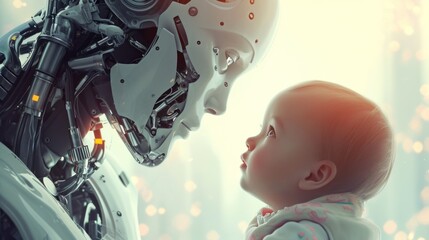 The cyborg robot holds a baby in his arms and looks at him with tenderness and care. Family of the future. Robot family - obrazy, fototapety, plakaty
