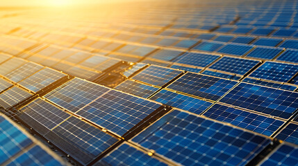 Uma extensa matriz de painéis solares capturando a luz solar simbolizando o aproveitamento da energia solar para geração de energia renovável - obrazy, fototapety, plakaty