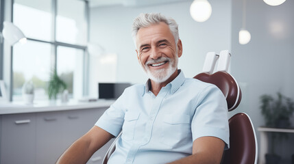 Hombre mayor en la consulta del dentista sonriendo - obrazy, fototapety, plakaty