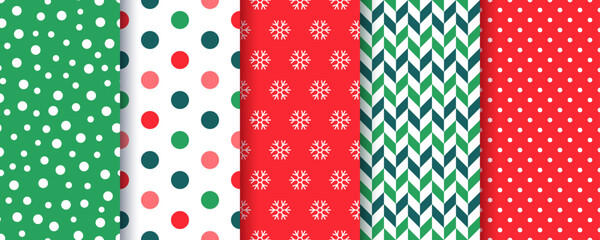Xmas seamless pattern. Backgrounds with circles, snowflake, herringbone and polka dots. Christmas, New year prints. Set holiday red green textures. Festive wrapping paper. Vector illustration.