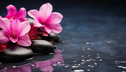 Obraz na płótnie Canvas beautiful pink spa flowers on spa hot stones on water wet background. side composition. copy space. spa concept. dark background