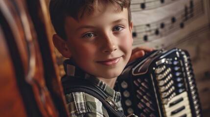 Cute boy plays the accordion against the background of musical notes. Learning and education concept