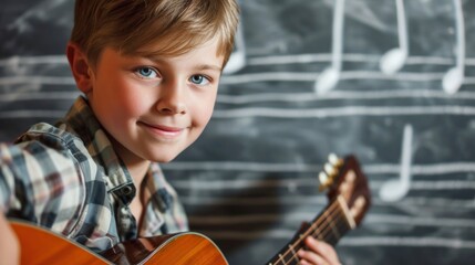 Cute boy learns to play the classical guitar against the background of drawn musical notes. The...