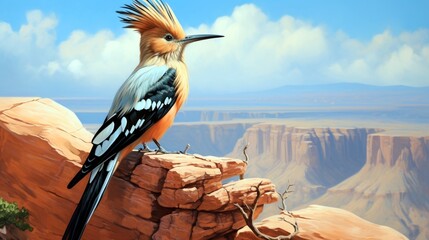 A colorful hoopoe perched atop a rock formation, its vibrant plumage contrasting vividly against the muted tones of the desert.