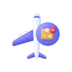 3D Airplane with parcel and minus icon. Delivery concept. Remove icon. Flight transport symbol. Travel concept