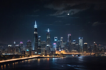 Obraz premium Cityscape aglow. A stunning night skyline, capturing the vibrant lights and urban charm. Ideal for city-themed and nocturnal visuals.