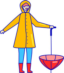 Smiling woman in yellow raincoat and red boots holding an umbrella. Cheerful female enjoying rainy day, wet weather gear. Happiness despite bad weather vector illustration.