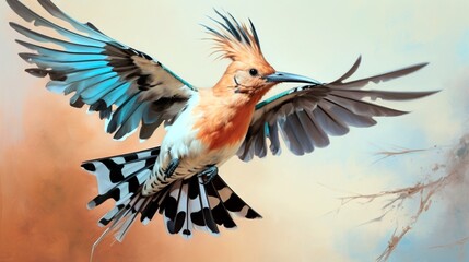 A colorful hoopoe taking flight, its vibrant plumage a burst of color against the muted tones of the desert sands.
