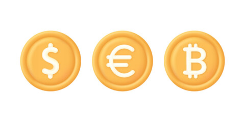 3D Set of coins. Dollar, euro and bitcoin. Payment icon. Successful transaction. Buy or sell currency online