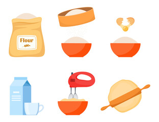 Step by step preparation cake set concept without people scene in the flat cartoon style. Instructions for step-by-step cake preparation. Vector illustration.
