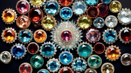"A composition of assorted gemstone rings arranged in a kaleidoscope of colors and cuts, showcasing the diversity of beauty in jewelry."