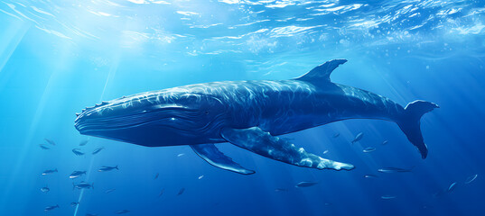 Fototapeta premium Humpback whale in blue ocean. Wildlife scene from underwater world. ocean world day