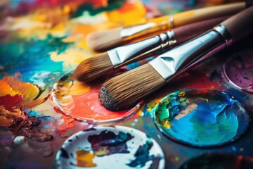 Obraz premium Used brushes on an artist's palette of colorful oil paint. Artist's PAintbrushes. Colorful Paint Brushes with the Colors. Colorful artist brushes and paint. Colorful artist brushes and paint.