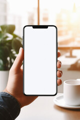 Mockup image of male hands holding smartphone with blank white screen in cafe