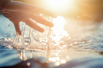 person's hands washing in the water on a sunny day - obrazy, fototapety, plakaty