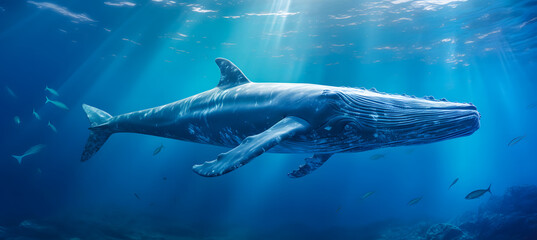 Obraz premium Humpback whale in blue ocean. Wildlife scene from underwater world. ocean world day