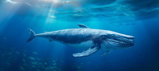 Humpback whale in blue ocean. Wildlife scene from underwater world. ocean world day - obrazy, fototapety, plakaty