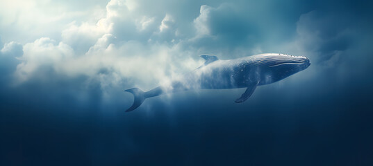 Humpback whale floating in the blue sky with clouds. Fantasy background. 3d rendering