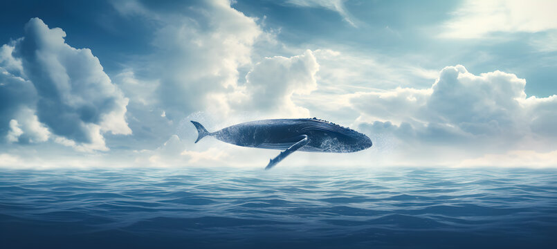 Humpback whale floating in the blue sky with clouds. Fantasy background. 3d rendering