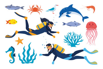 Diving and underwater world, set of elements. Diver with aqualung oxygen cylinders marine life elements. Starfish, octopus, jellyfish, corals, algae. Vector illustration.
