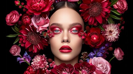 A model's face surrounded by a vibrant array of flowers, showcasing stunning makeup artistry.