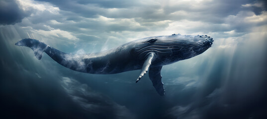 Humpback whale floating in the blue sky with clouds. Fantasy background. 3d rendering - obrazy, fototapety, plakaty