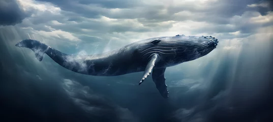 Foto op Canvas Humpback whale floating in the blue sky with clouds. Fantasy background. 3d rendering © Iwankrwn