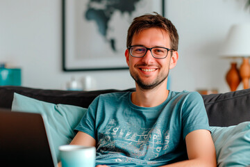 Feliz hombre emprendedor trabajando con su laptop y una taza de cafe desde su casa