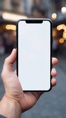 Male hand holding a smartphone with white screen in the city. mockup