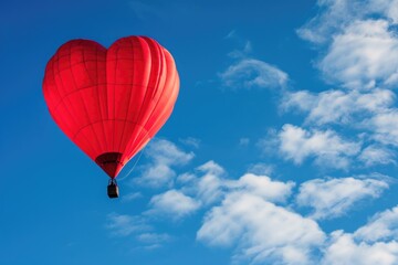 Red heart-shaped hot air balloon in the sky