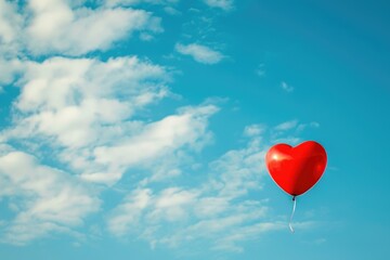 Single red balloon in the shape of a heart, floating in the sky
