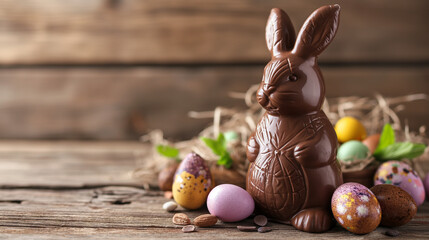 Chocolate easter bunny and colorful sweets candies and easter eggs on wooden background with copy space.