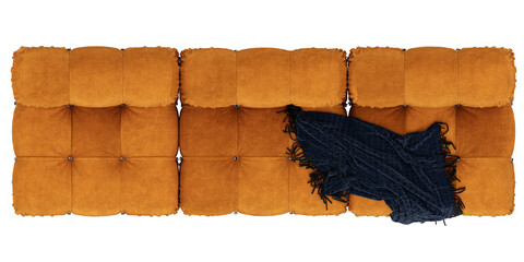 velvet fabric sofa, top view, dark blue blanket, on transparent background, 3d rendering