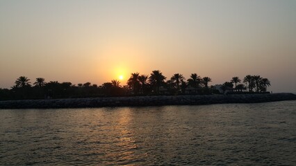 Fototapeta premium natural landscape with water and coconut trees and blue sky clouds sunset in Kerala India