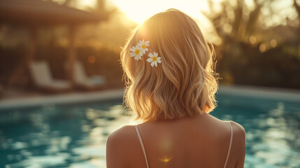 Young woman view from the back near pool with flowers in her hair - obrazy, fototapety, plakaty