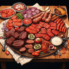 Assorted Meats and Vegetables Platter on Table, Savory Feast for a Gathering