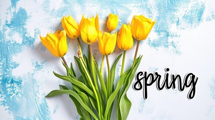 a bouquet of yellow tulip flowers against a light background, complemented by the word "spring" designed in a modern minimalist style for a fresh and vibrant visual narrative.