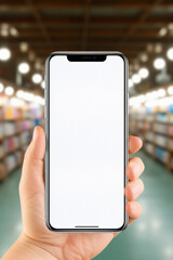 Hand holding smartphone with white screen on blurred background of shopping mall .