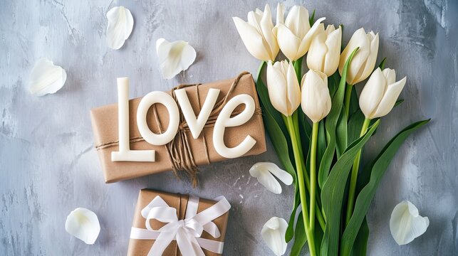 the word "Love" beside a carefully arranged gift and a bouquet of white tulips on a light background, incorporating modern minimalist elements for a timeless and heartfelt expression.