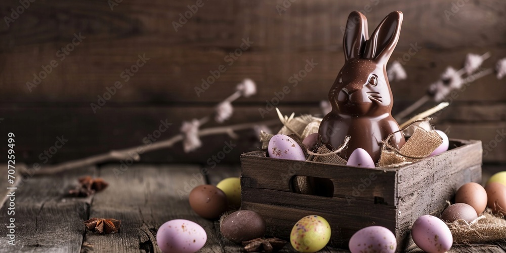 Wall mural traditional easter chocolate bunny and eggs inside a wooden crate on wooden background with copy spa