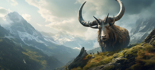 A bull with horns spiraled like ancient symbols, its hooves barely touching the ground, levitates above a mountaintop, its form radiating mystical energy