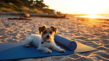 Small dog is exercising on a sports mat on sunny day .Canine Wellness in Action