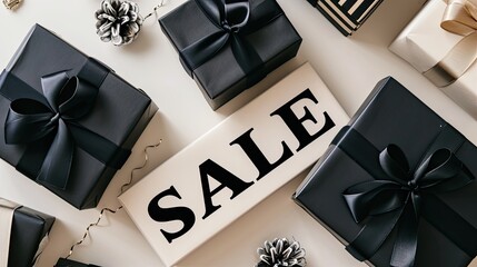 black gift boxes with sleek ribbons, each adorned with the word "sale" in a modern and minimalist style, creating a sophisticated and impactful representation of discounted offerings.
