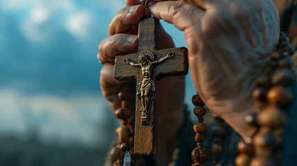 Close-up of the hands of an old man holding a rosary and a cross. - obrazy, fototapety, plakaty